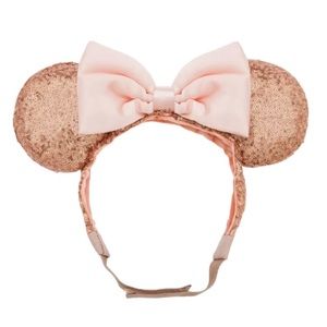 Disney Rose Gold Sequin Minnie Ears Headband with Pale Pink Bow